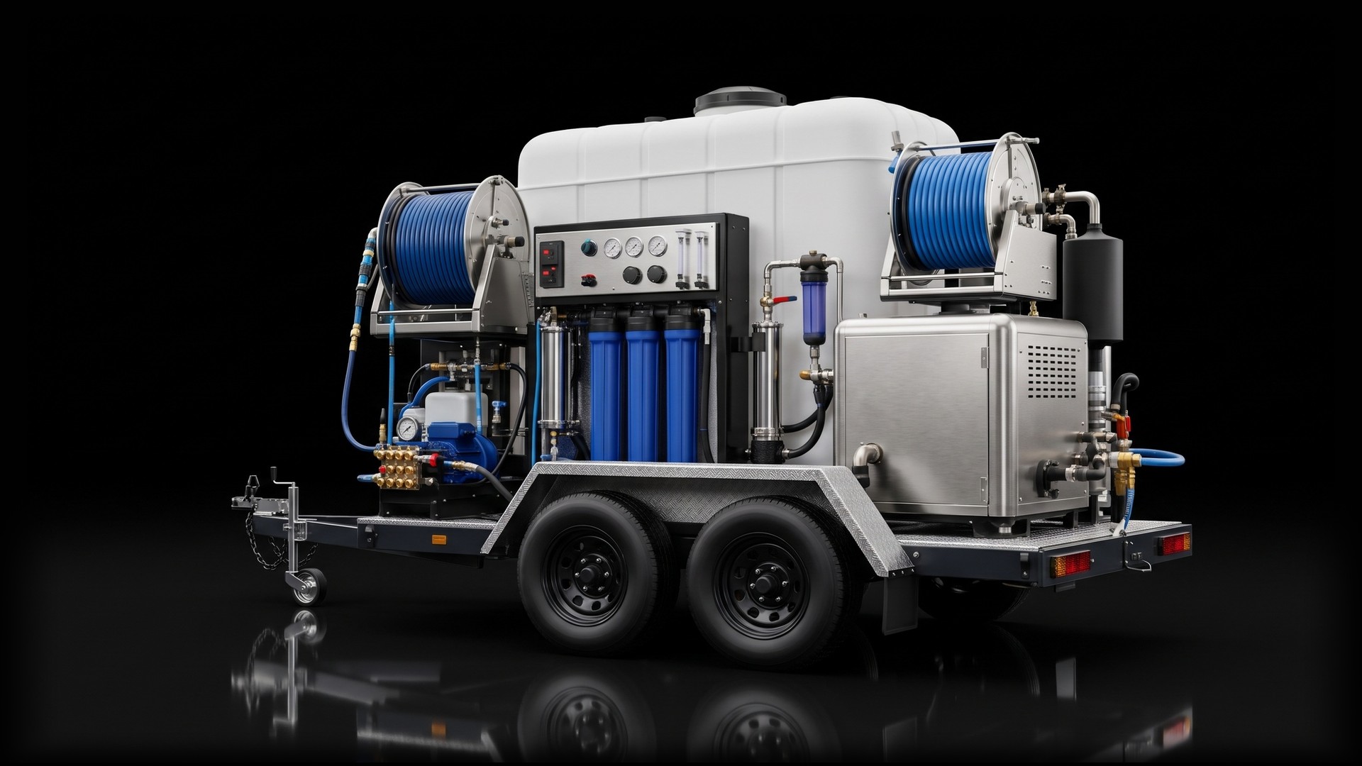 Custom industrial water purification and pressure system on a trailer